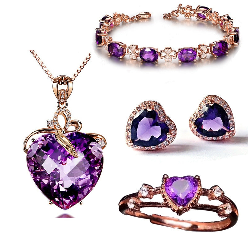 Heart-shaped Amethyst 5-pc Jewelry Set - Rose Gold