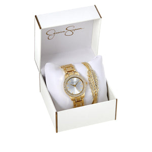 Jessica Simpson Crystal-Accented Watch and Feather Bangle Set - Silver