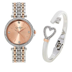 Jessica Simpson Crystal-Accented Watch and Heart/Key Cuff Bracelet Set - Two-Tone Silver and Rose Gold