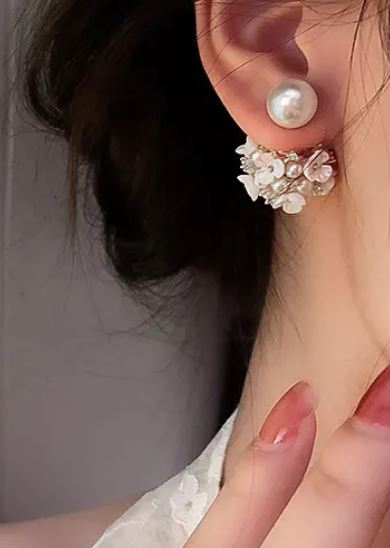 Korean Style Inlaid Zircon Pearl Flower Shaped Alloy Earrings