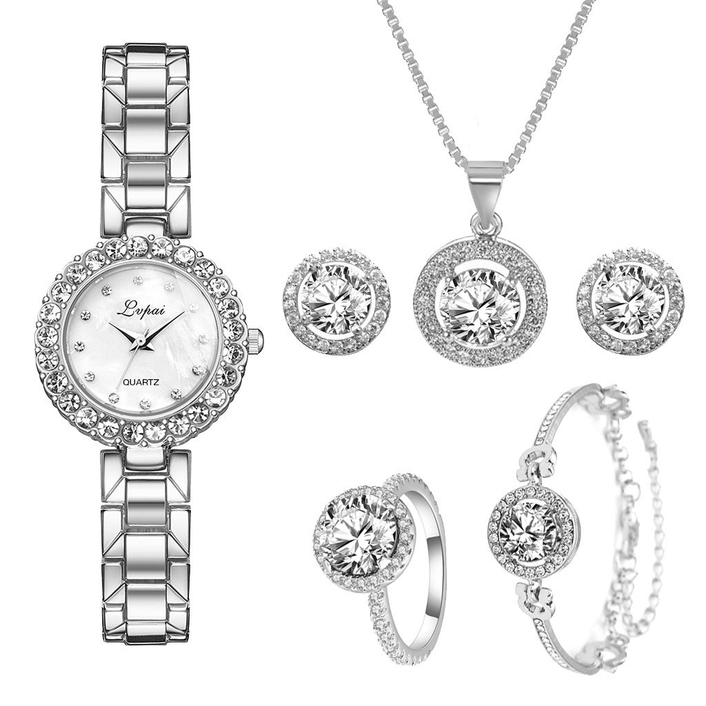 Modern Style Solid Color Jewelry Buckle Quartz Fashion Watches and 5-pc Jewelry Set - Silver