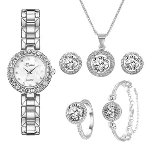 Modern Style Solid Color Jewelry Buckle Quartz Fashion Watches and 5-pc Jewelry Set - Silver