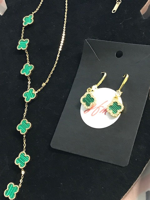 Four Leaf Clover Dangling Earring and Double Sided Necklace 3-pc set in Gold - Green