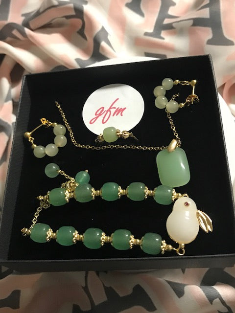 Hetian Jade 5-pc Earrings Necklace Bracelet and Adjustable Ring Jewelry Set