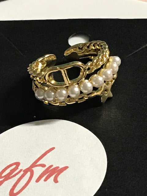 Letter Style Pearl Studded Stainless Steel Adjustable Ring - Gold