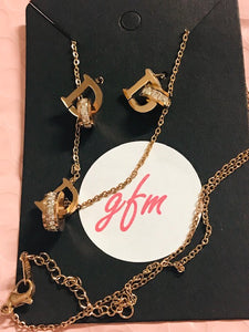 Fashion D Letter Double Ring Inlay Shell Pendant Earrings and Necklace Set - Rose Gold