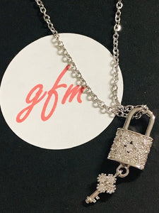 Flower Lock and Key Necklace - Silver