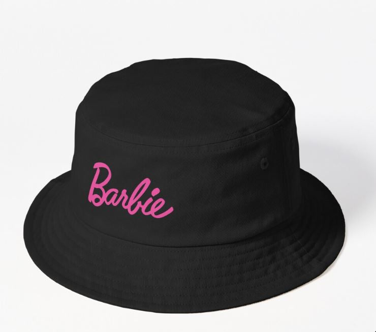 Barbie Hot Pink Embroidery Letter Cotton Bucket Hats - Black