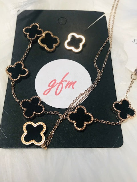 Four Leaf Black Clover 4-pc Jewelry Set  - Rose Gold