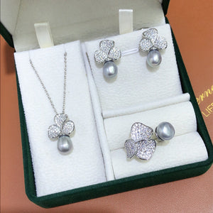 Genuine Freshwater  Pearl Zircon Inlay 4-Pc Jewelry Set - Silver Gray