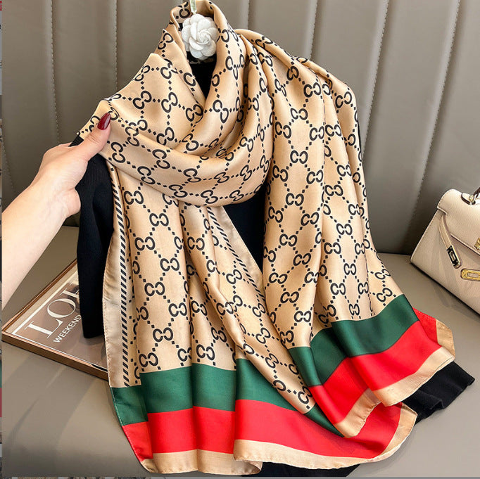 Luxury Inspired Classic Style Flower Silk Printing Scarf with Red Green Border