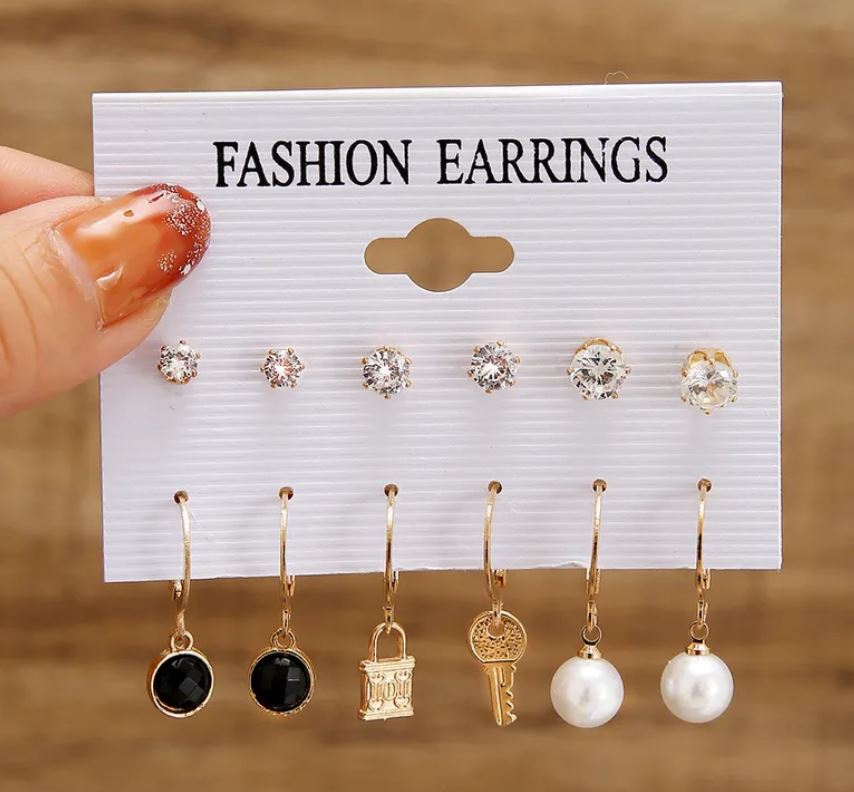 New Style 12-pc Lock Key Shape Pearl Pendant Alloy Earrings Set