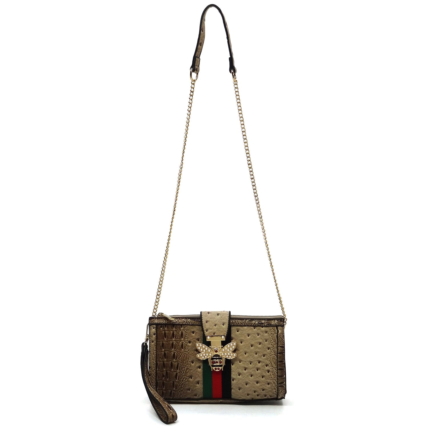 Queen B Stripe Ostrch Cro Crossbody Clutch Wristlet