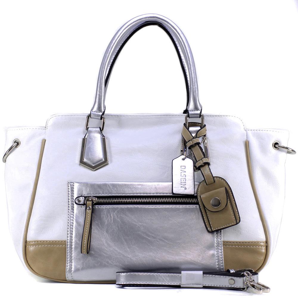 Dasein Petite Two-Tone Metallic Contrast Fashion Tote Bag - WHITE - GFM US