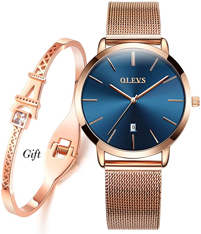 OLEVS Womens Watch Gifts Set with Bracelet Rose Gold for Lady Female Minimalist Simple Slim Thin Analog Quartz Wrist Watches Waterproof Two Tone