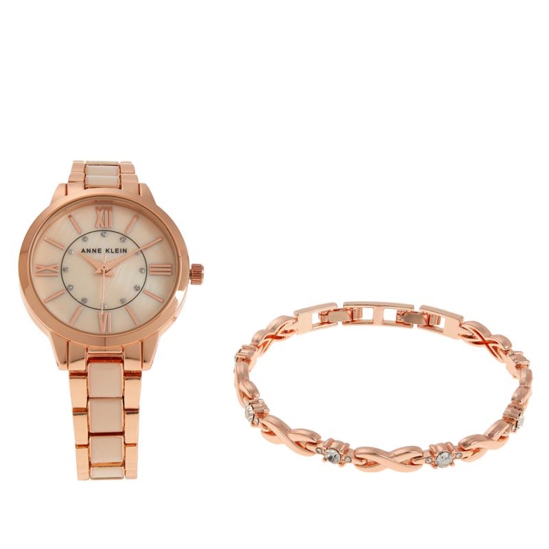 Anne Klein Mother-of-Pearl Dial Watch and Bracelet Set - Rose Goldtone