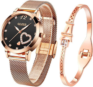 OLEVS Womens Watch Gifts Set with Bracelet Rose Gold for Lady Female Minimalist Simple Slim Thin Analog Quartz Wrist Watches Waterproof Two Tone