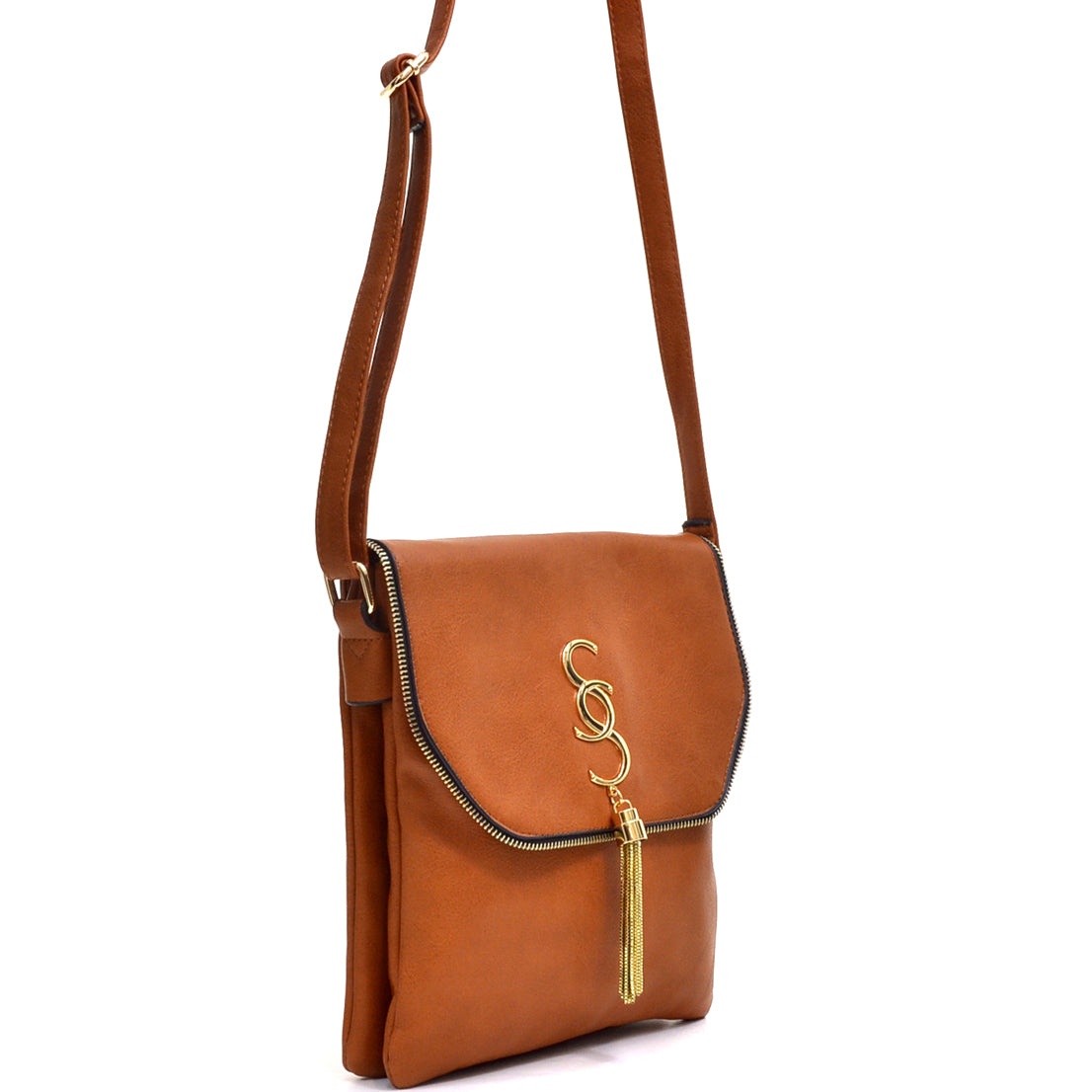 Double Pockets Gold-Tone Tassel Messenger Bag