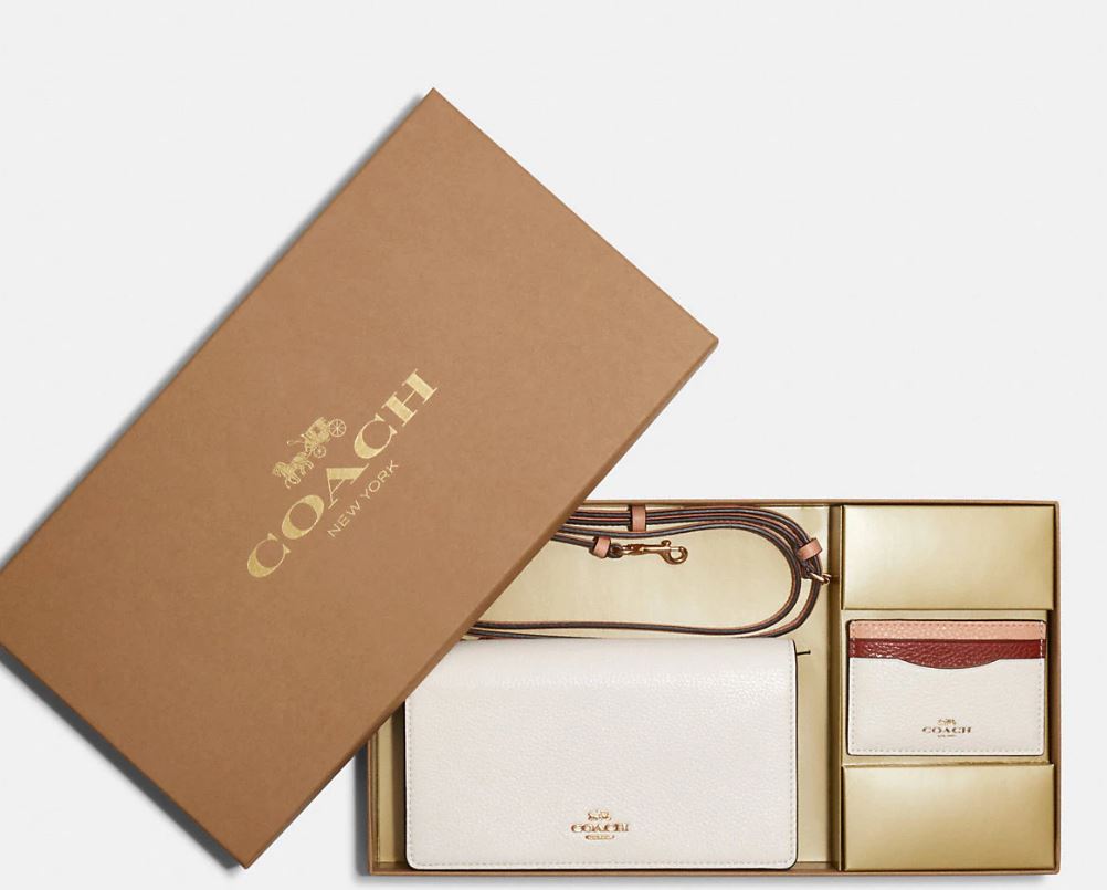 Coach Boxed Anna Foldover Clutch Crossbody And Card Case Set In Colorblock - Gold/Chalk/Taffy Multi