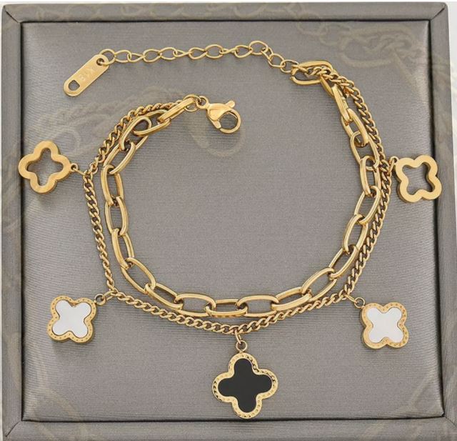 Double Stainless Steel Layered Clover Bracelet - Gold