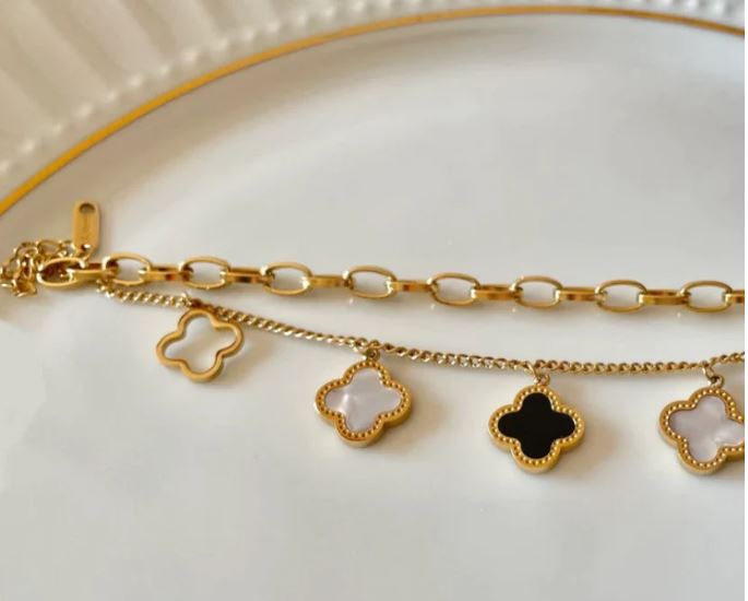 Double Stainless Steel Layered Clover Bracelet - Gold