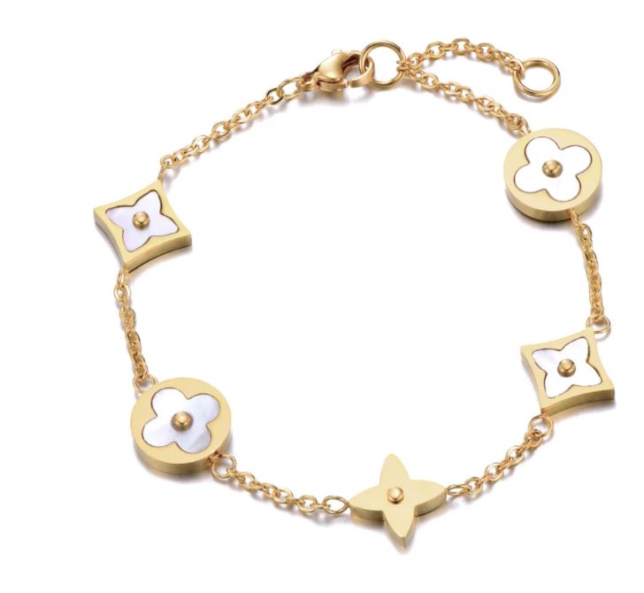 Mother of Pearl Four Leaf Clover Bracelet - Gold