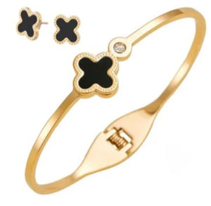 Clover Bangle Bracelet/ Earrings Set - Black