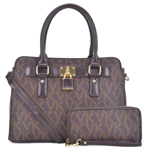 Monogram imprint satchel with padlock deco and Matching wallet - BROWN - GFM US