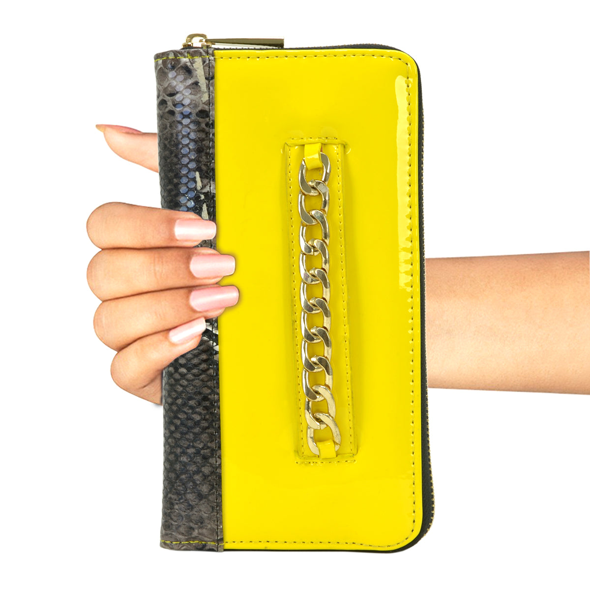 Dasein Gold-Tone Chain Faux Leather Zip Around Wallet - Yellow