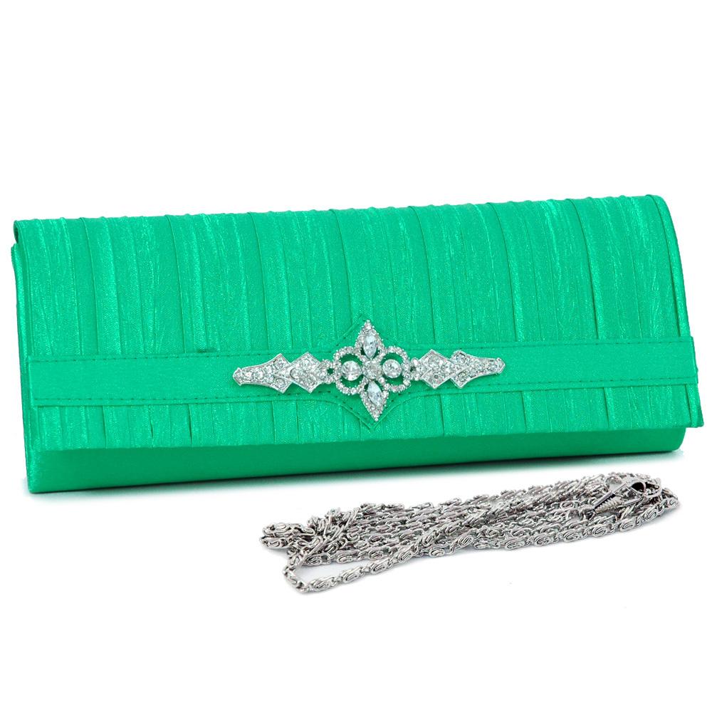 Pleated flap evening bag w/ rhinestone brooch - GREEN - GFM US