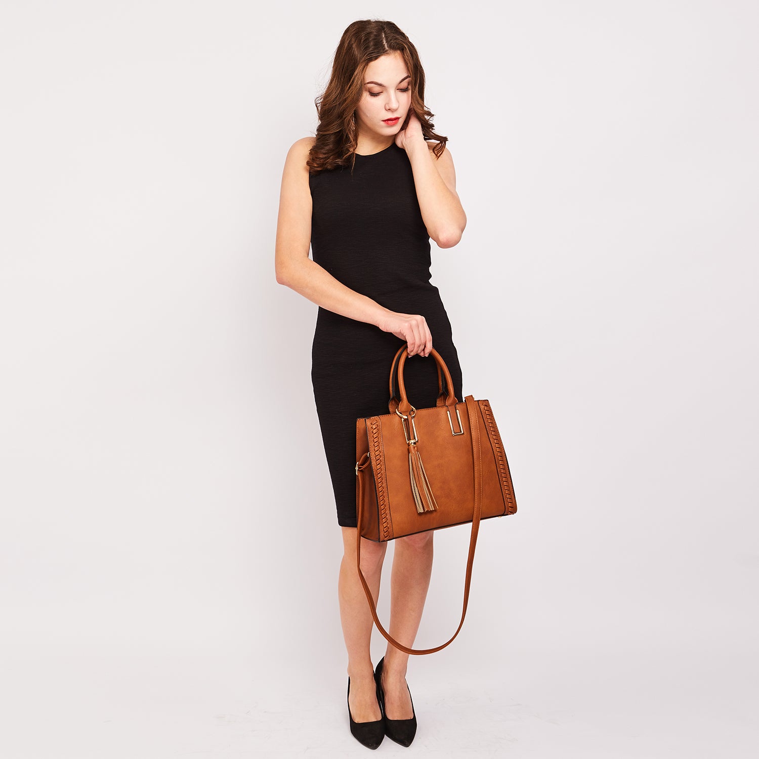 Dasein Faux Leather Satchel with Weave Design on both sides and Tassel Deco