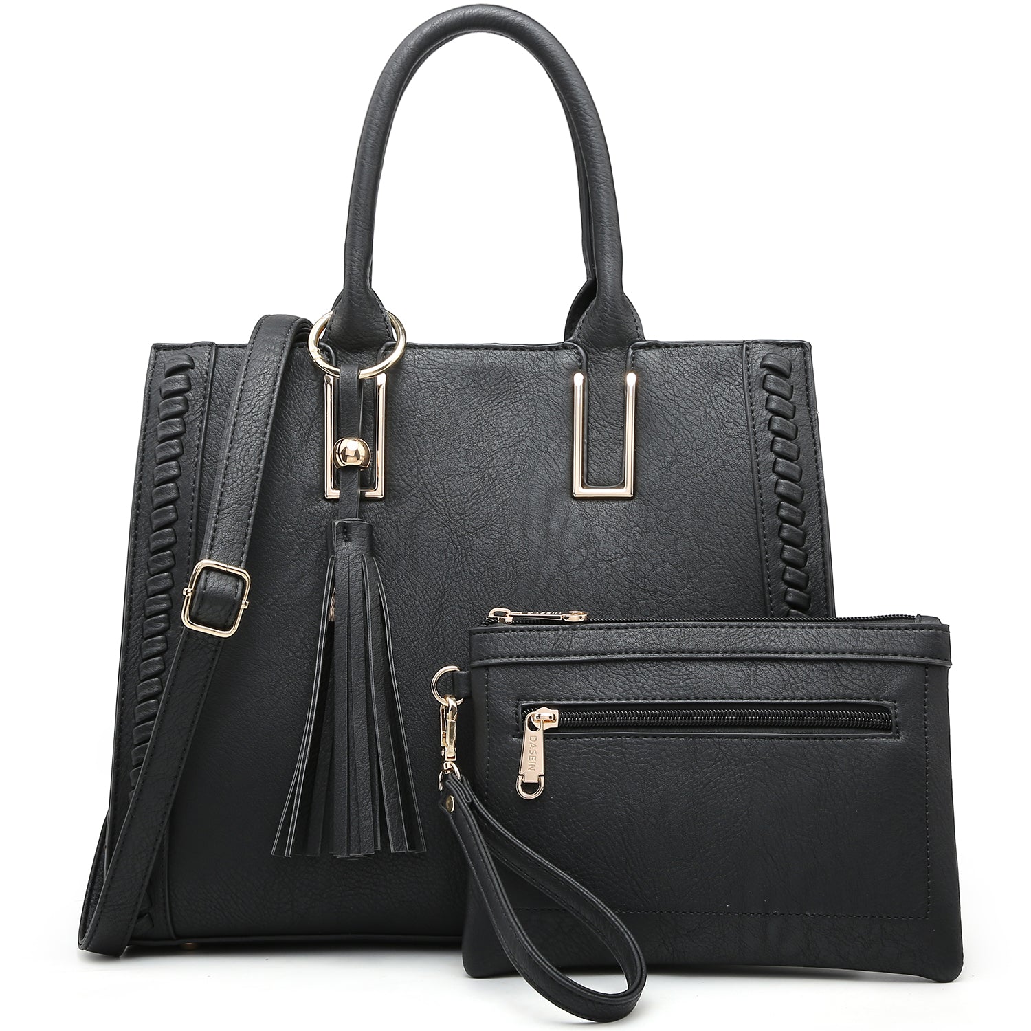 Dasein Faux Leather Satchel with Weave Design on both sides and Tassel Deco