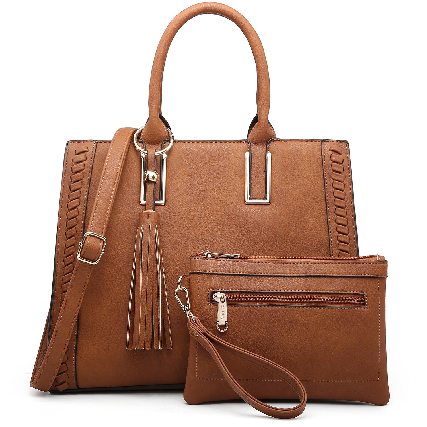 Dasein Faux Leather Satchel with Weave Design on both sides and Tassel Deco