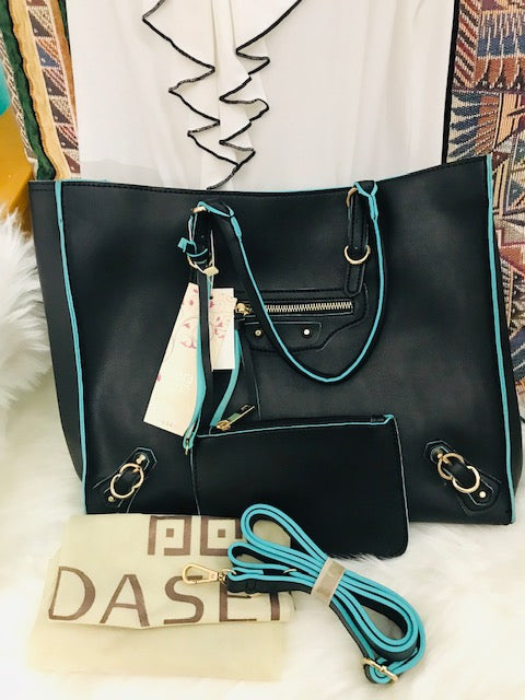 Dasein Tassle Style 3-in 1 Tote - Black and Turquoise