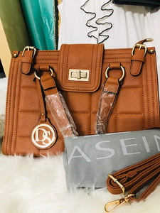 Dasein Quilted Turnlock Flap Satchel with Dangling Logo Charm - Brown