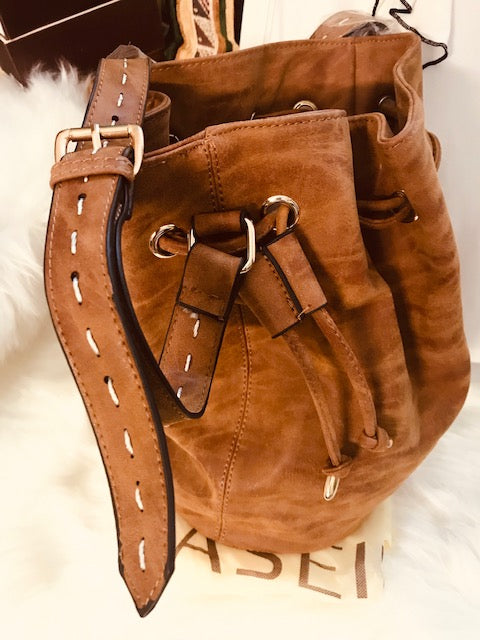 Dasein Distressed Faux Leather Drawstring Bucket Bag