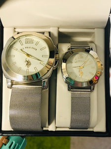 U.S. Polo Assn His and Hers Mesh Strap with Silver Bezel Watch Set