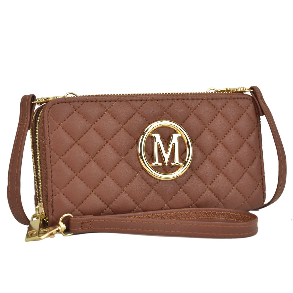 Soft Quilted Emblem Double layer Zip Around Wallet with Shoulder and Wristlet Strap - GFM US