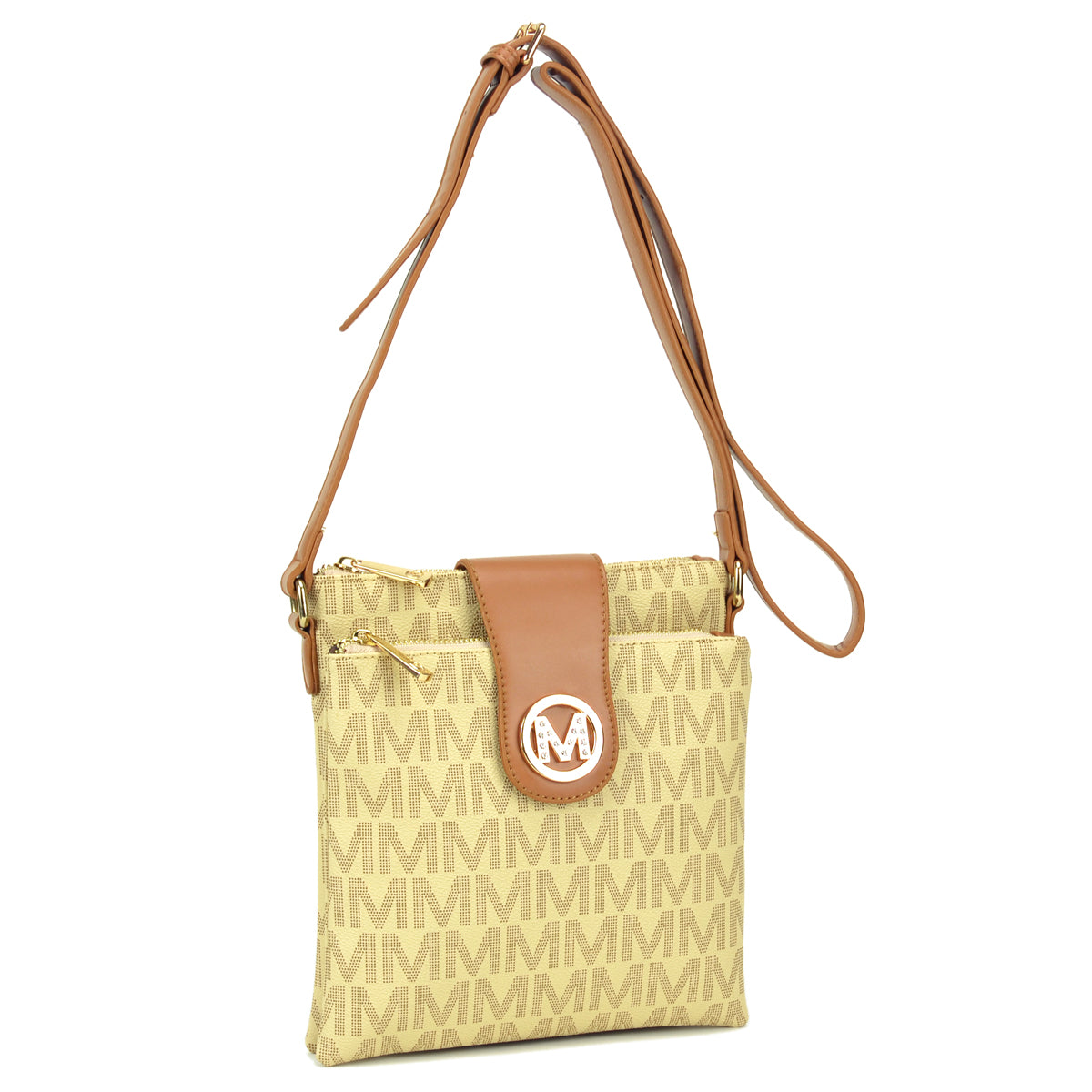 Monogram Logo Messenger/Crossbody Bag with Magnetic Flap - BEIGE