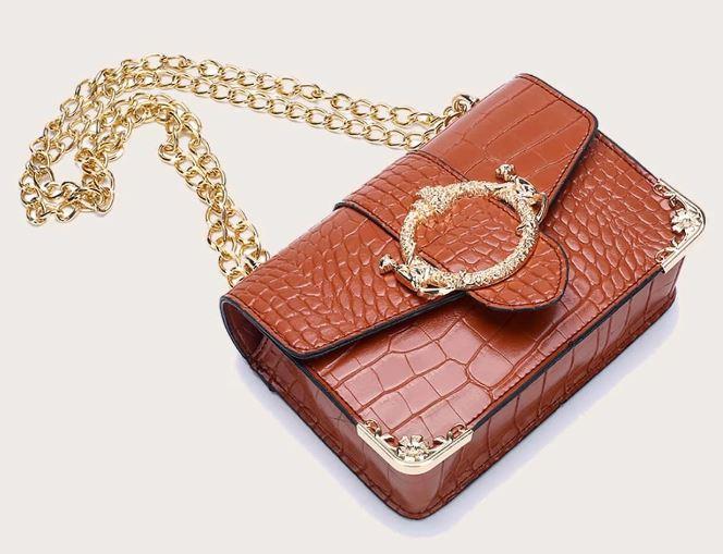 Metal Decor Croc Embossed Flap Chain Bag - BROWN - GFM US