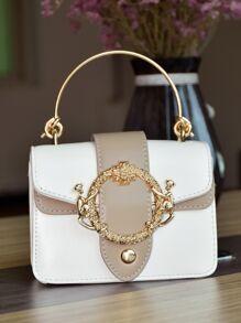 Metal Decor Two Tone Satchel Bag - WHITE - GFM US