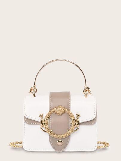 Metal Decor Two Tone Satchel Bag - WHITE - GFM US