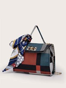 Random Twilly Scarf Decor Color Block Satchel Bag - MULTICOLOR - GFM US