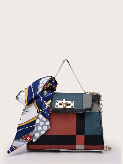 Random Twilly Scarf Decor Color Block Satchel Bag - MULTICOLOR - GFM US