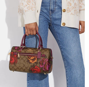 COACH Rowan Satchel In Sig Canvas With Jumbo Floral Print - Gold/Khaki Multi