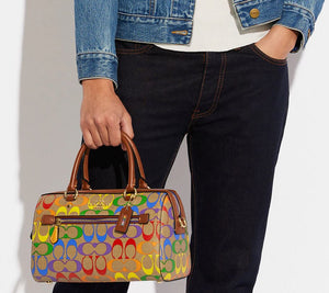 Coach Rowan Satchel In Rainbow Signature Canvas - Gold/Khaki Multi