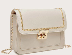 Stitch Trim Flap Chain Shoulder Bag - BEIGE - GFM US