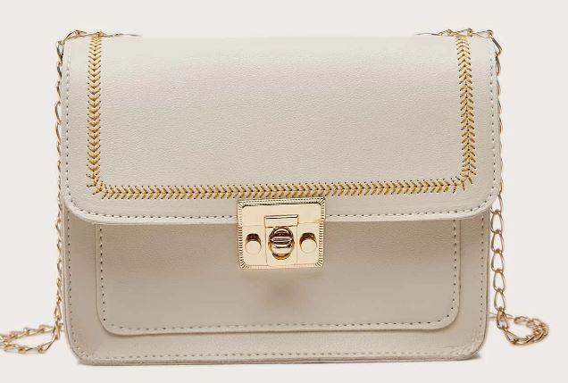 Stitch Trim Flap Chain Shoulder Bag - BEIGE - GFM US