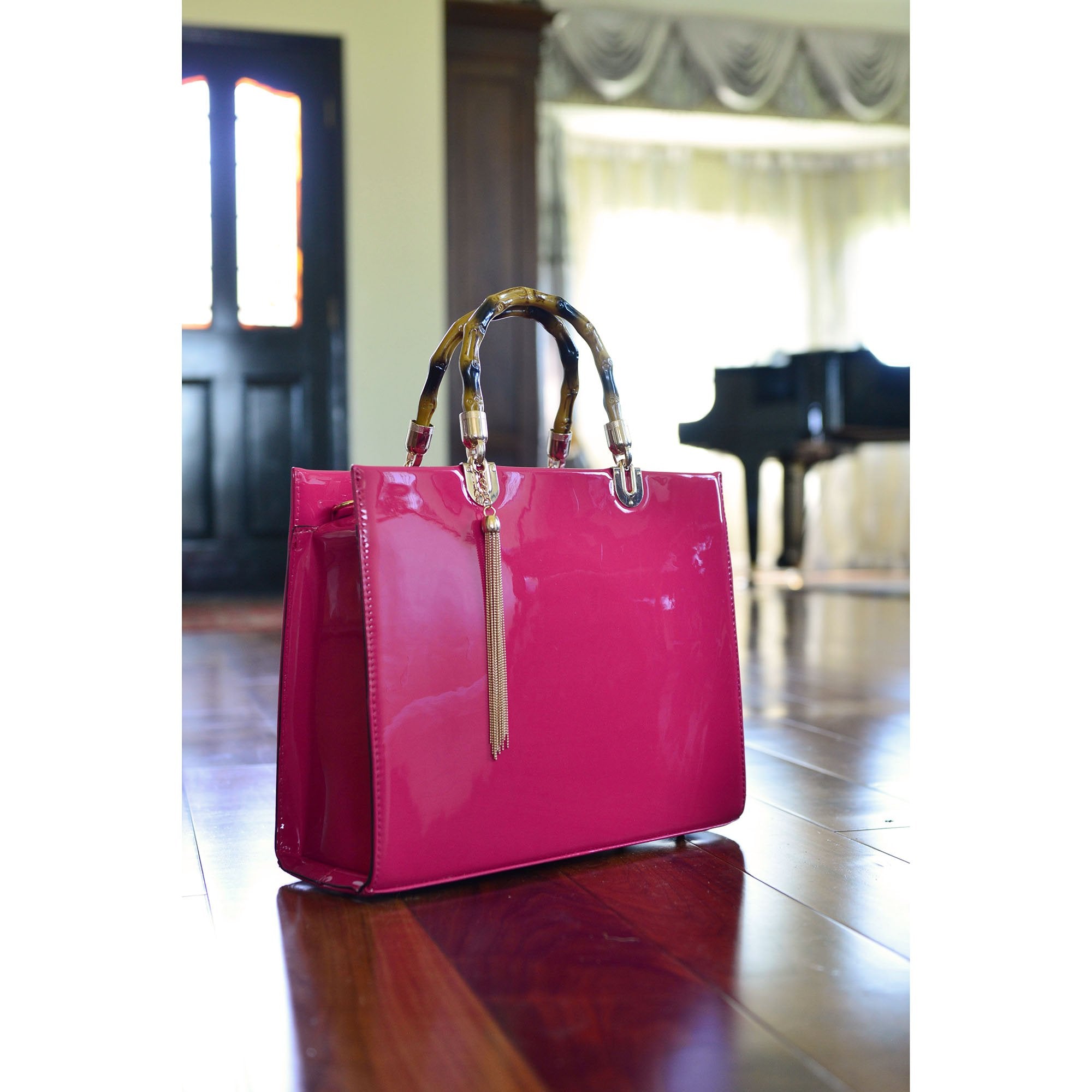 Dasein® Wooden Handle Faux Patent Leather Satchel Bag - PINK - GFM US