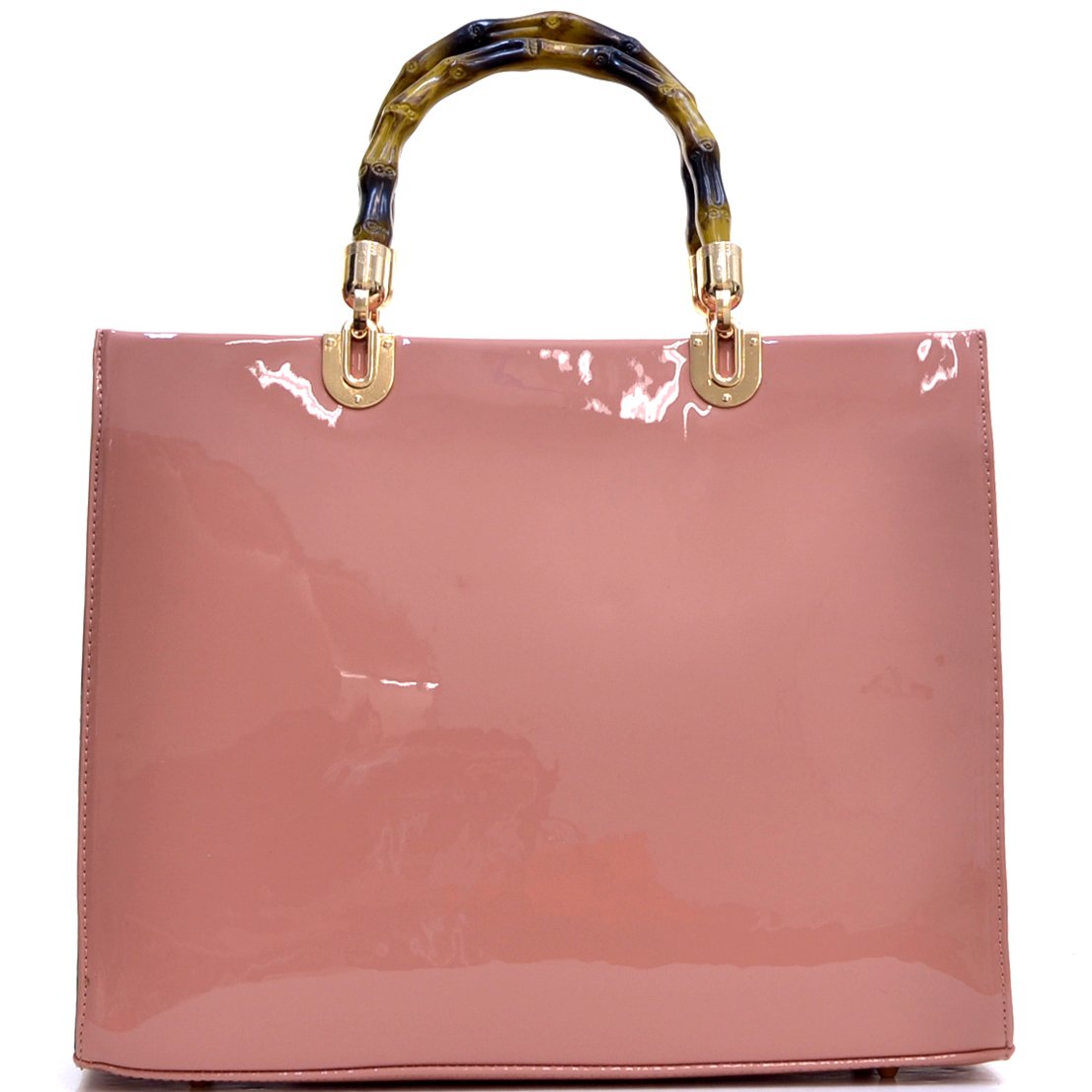 Dasein® Wooden Handle Faux Patent Leather Satchel Bag - PINK - GFM US